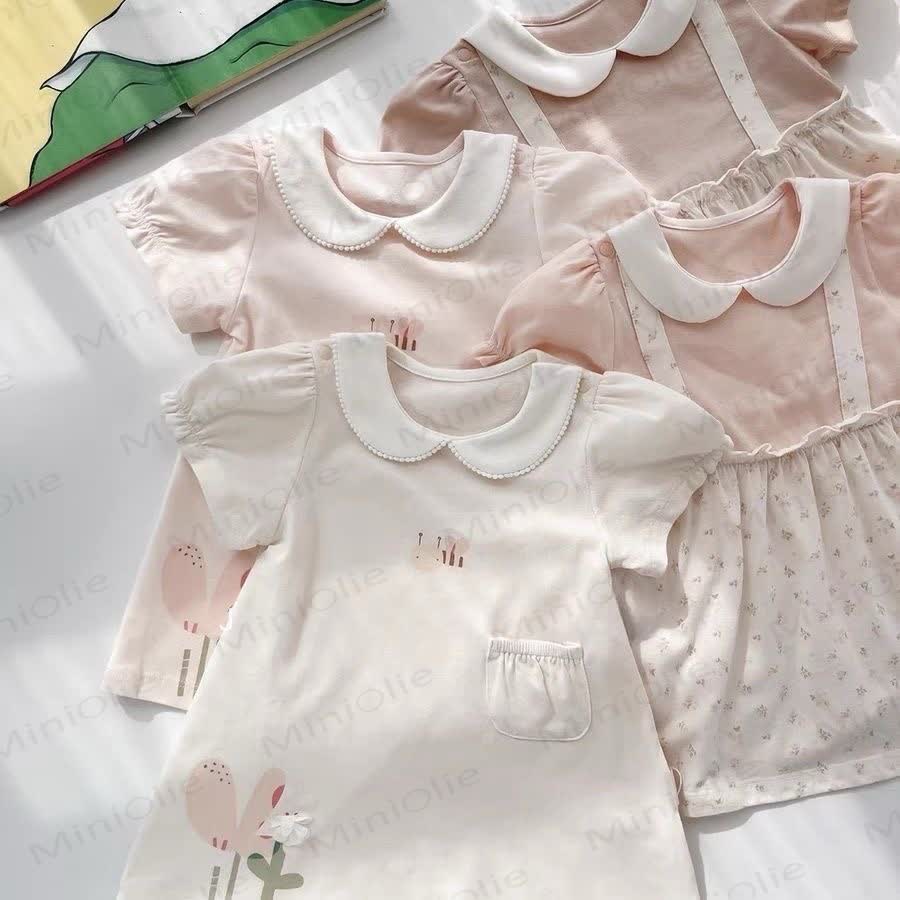 Baby Girls Cotton Peter Pan Collar Floral or Bee Print Dress - image 1