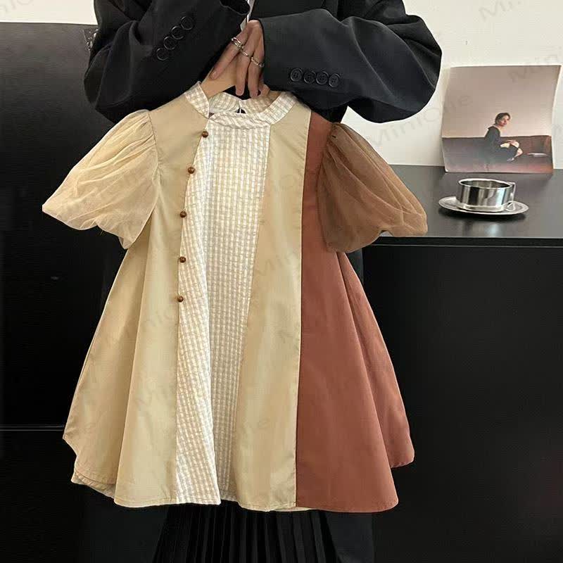 Toddler Girls Cotton Patchwork Puff Sleeves Dress - Beige - 8-9T - image 1