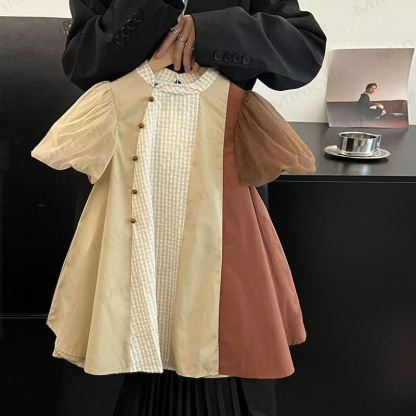 Toddler Girls Cotton Patchwork Puff Sleeves Dress - Beige - 8-9T - image 1