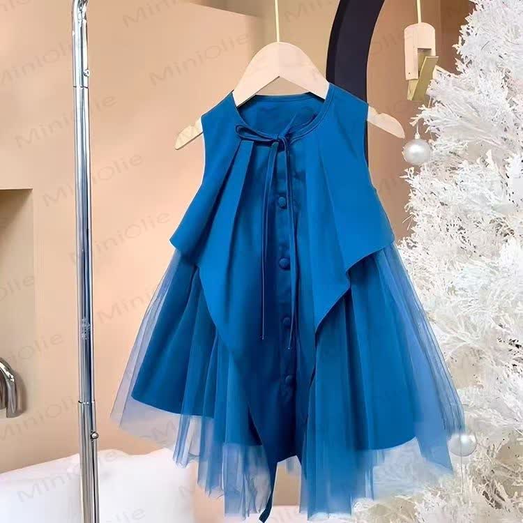 Toddler Kid Girls Bow Solid Color Tulle Sleeveless Dress - Blue - 12-13T - image 1