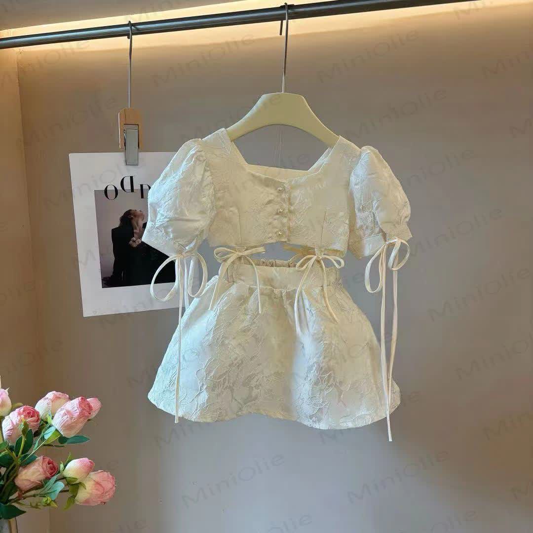 Toddler Girls Beige Bow Floral Puff Sleeves Tank Top and Skirt Set - White - 10-11T - image 1