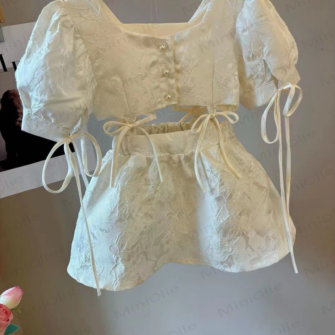 Toddler Girls Beige Bow Floral Puff Sleeves Tank Top and Skirt Set - image 2