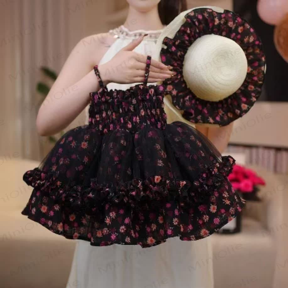 Toddler Girls Floral Tulle Ruffle Sleeveless Dress with Hat - Dress and Hat Set - 8-9T - image 2