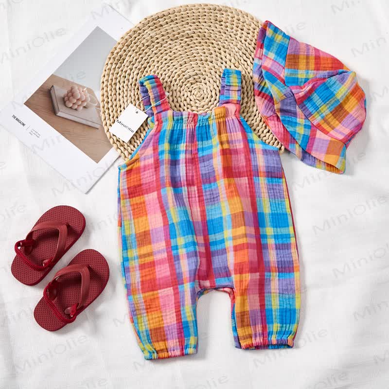 Baby Colorful Plaid Romper with Hat - image 2