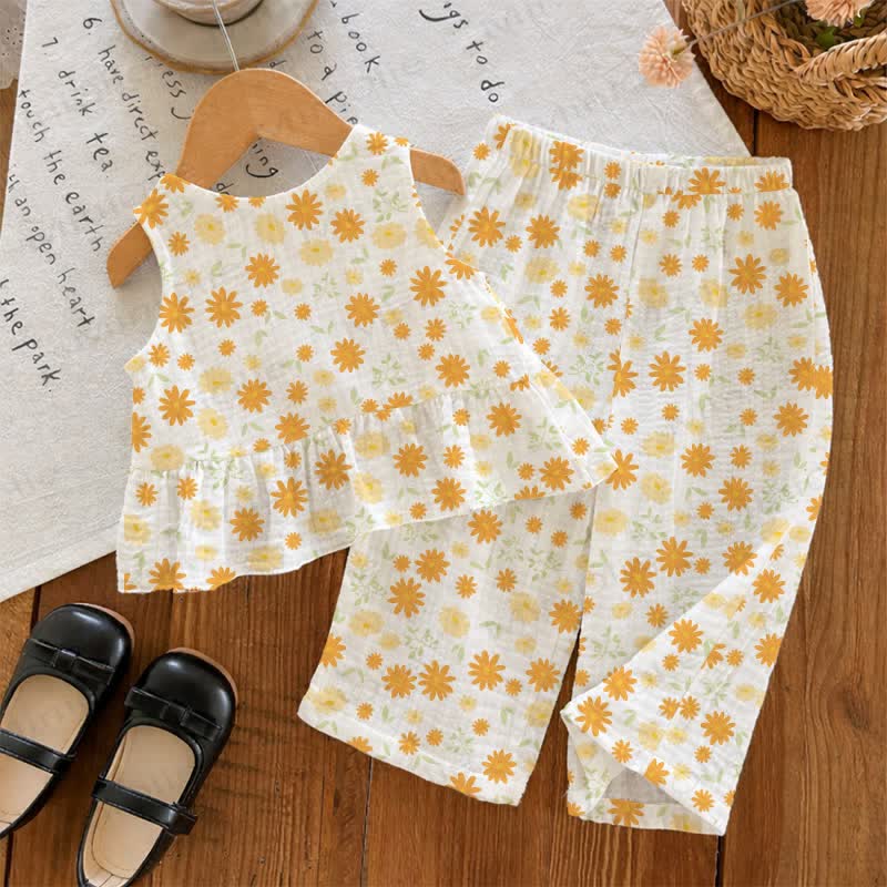 Baby Toddler White Flower Sleeveless Top and Pants 2-piece Set - image 2