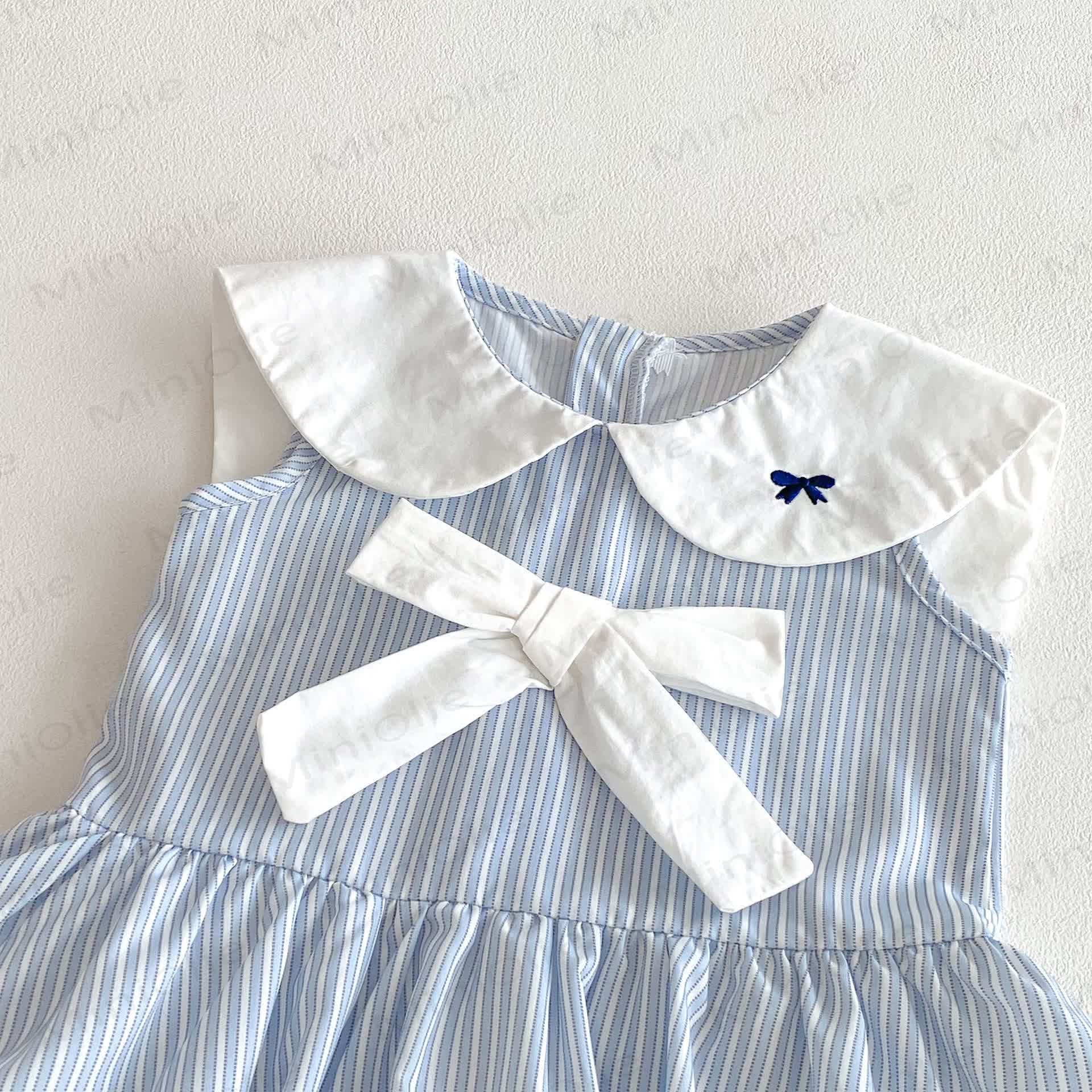Baby Blue Stripe Bow Peter Pan Collar Sleeveless Dress - image 3