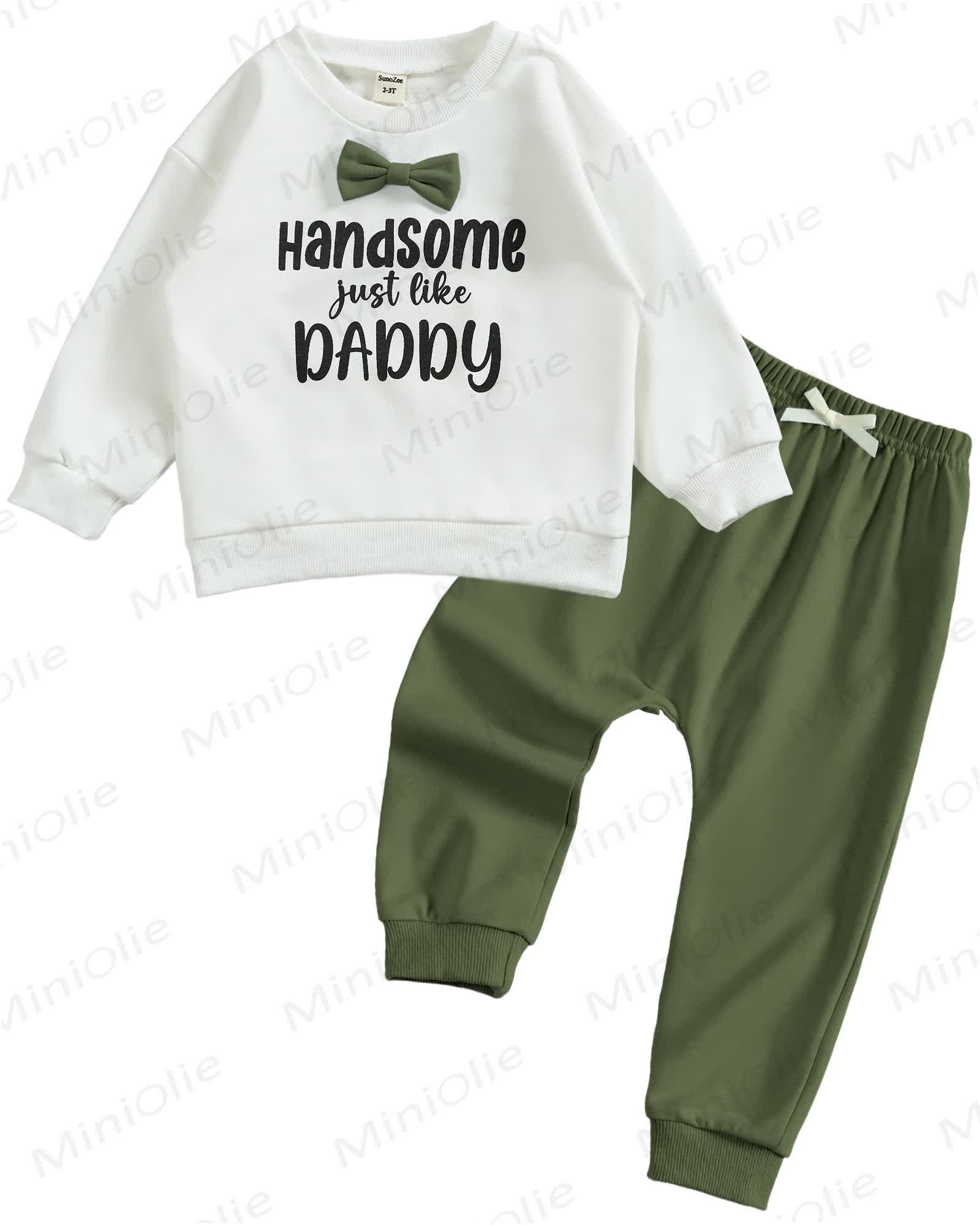 Toddler Baby Handsome Just Like Daddy Long Sleeve Sweatshirt Top Jogger Pants Set Cute Fall Winter Clothes Set - Green - 2-3T - image 1