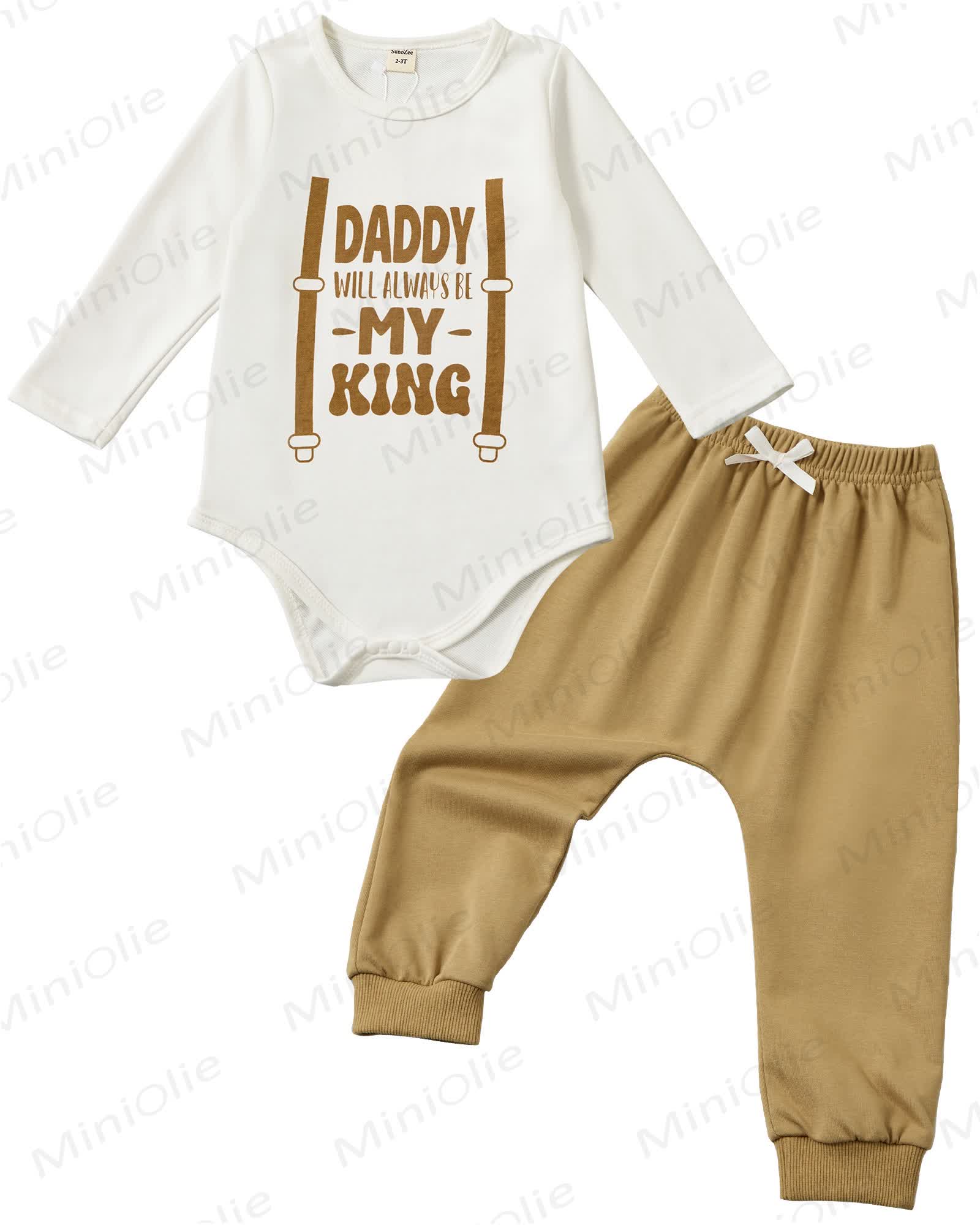 Toddler Dad's Little Dude Long Sleeve Snap Closure Romper Top Jogger Pants Set Cute Fall Winter Clothes Set Outfits - Khaki - 2-3T - image 1