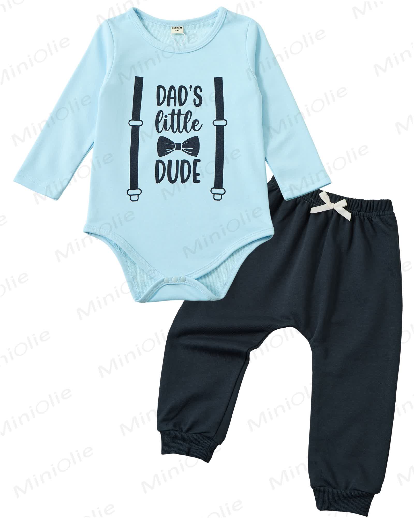 Toddler Dad's Little Dude Long Sleeve Snap Closure Romper Top Jogger Pants Set Cute Fall Winter Clothes Set Outfits - Blue - 2-3T - image 2