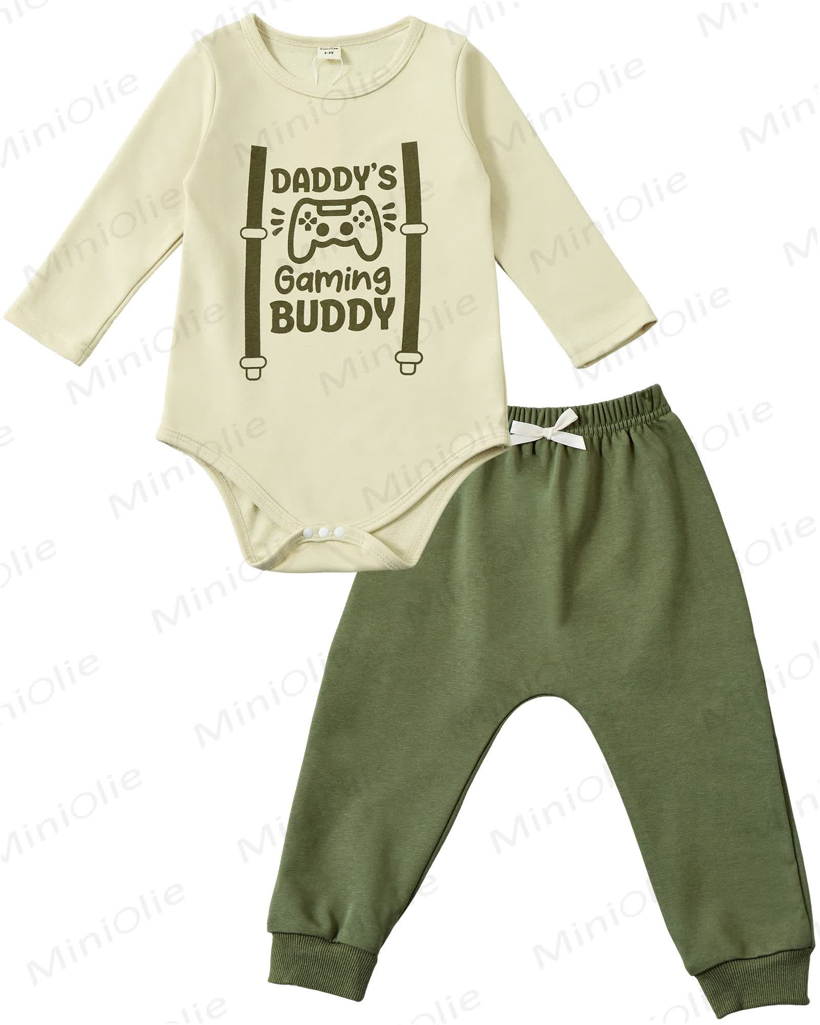 Toddler Dad's Little Dude Long Sleeve Snap Closure Romper Top Jogger Pants Set Cute Fall Winter Clothes Set Outfits - Green - 2-3T - image 3