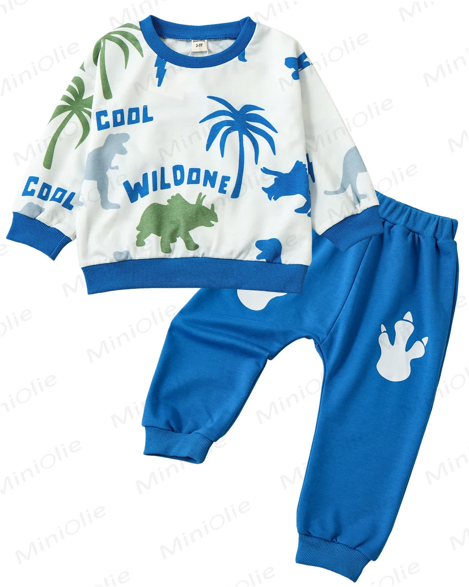 Toddler Baby Dinosaur Long Sleeve Sweatshirt Top Jogger Pants Set Cute Fall Winter Clothes Set - Blue - 2-3T - image 1