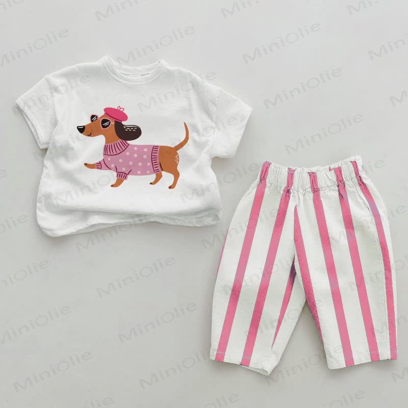 Baby Girl Daschund Pink Vertical Striped 2-piece Set - White&Pink - 2-3T - image 1