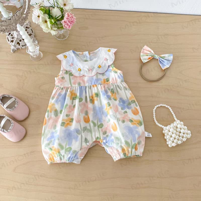 Baby Girl Floral Embroidered Collar Sleeveless Romper with Headband - image 2