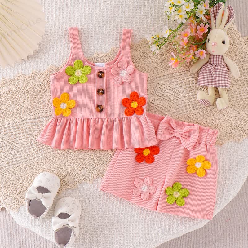 Baby Girl Pink Flower/Cherry Waffle Strap Tee and Shorts 2-piece Set - Pink Flower - 3-4Y - image 2