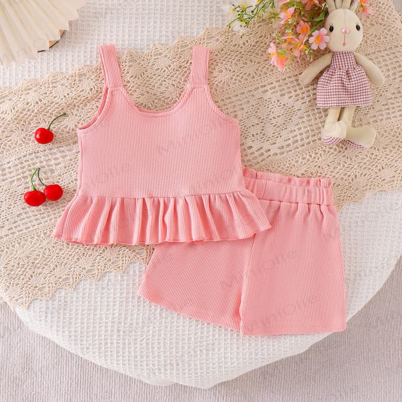 Baby Girl Pink Flower/Cherry Waffle Strap Tee and Shorts 2-piece Set - image 4