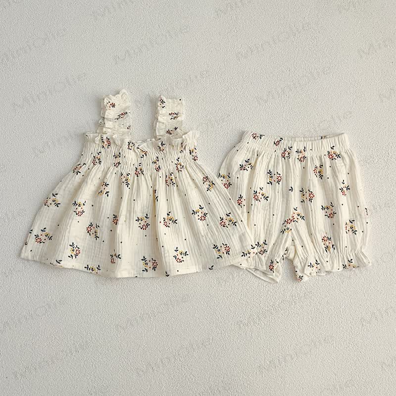 Baby Girl White/Khaki Floral Strap Top and Shorts 2-piece Set - White - 2-3T - image 1