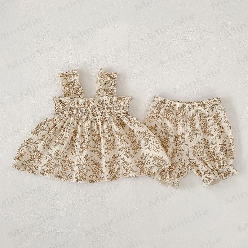 Baby Girl White/Khaki Floral Strap Top and Shorts 2-piece Set - Khaki - 2-3T - image 2