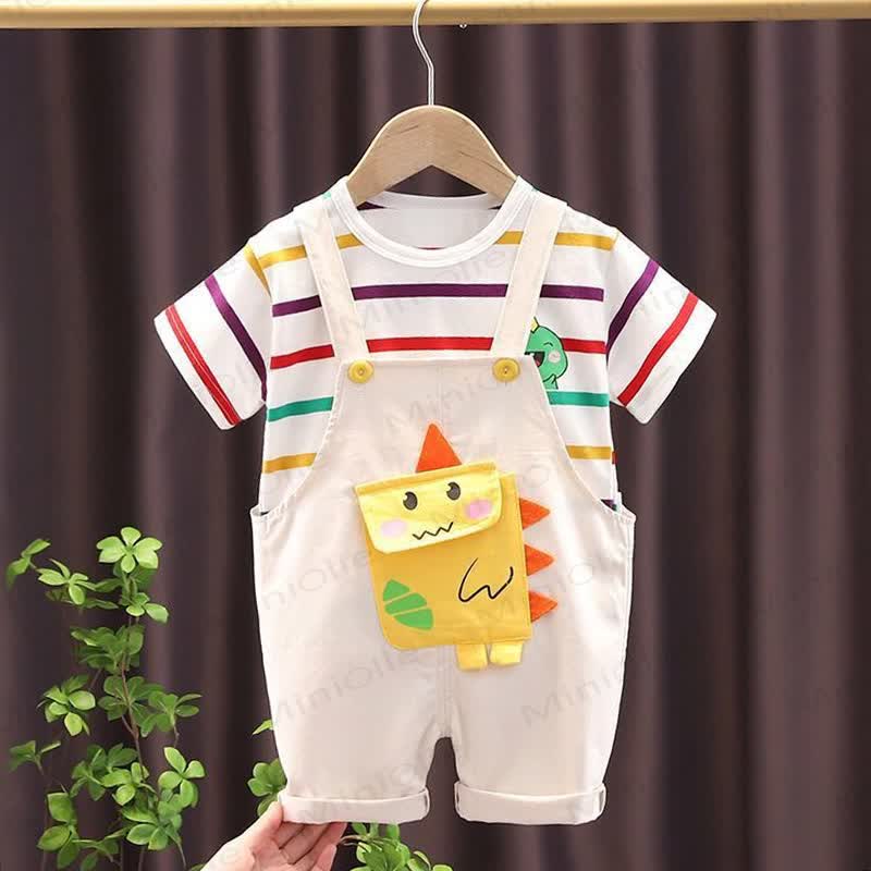 Baby Toddler Boys Dino Print Overall and Striped Tee 2-Piece Set - Apricot - 4-5T - image 2