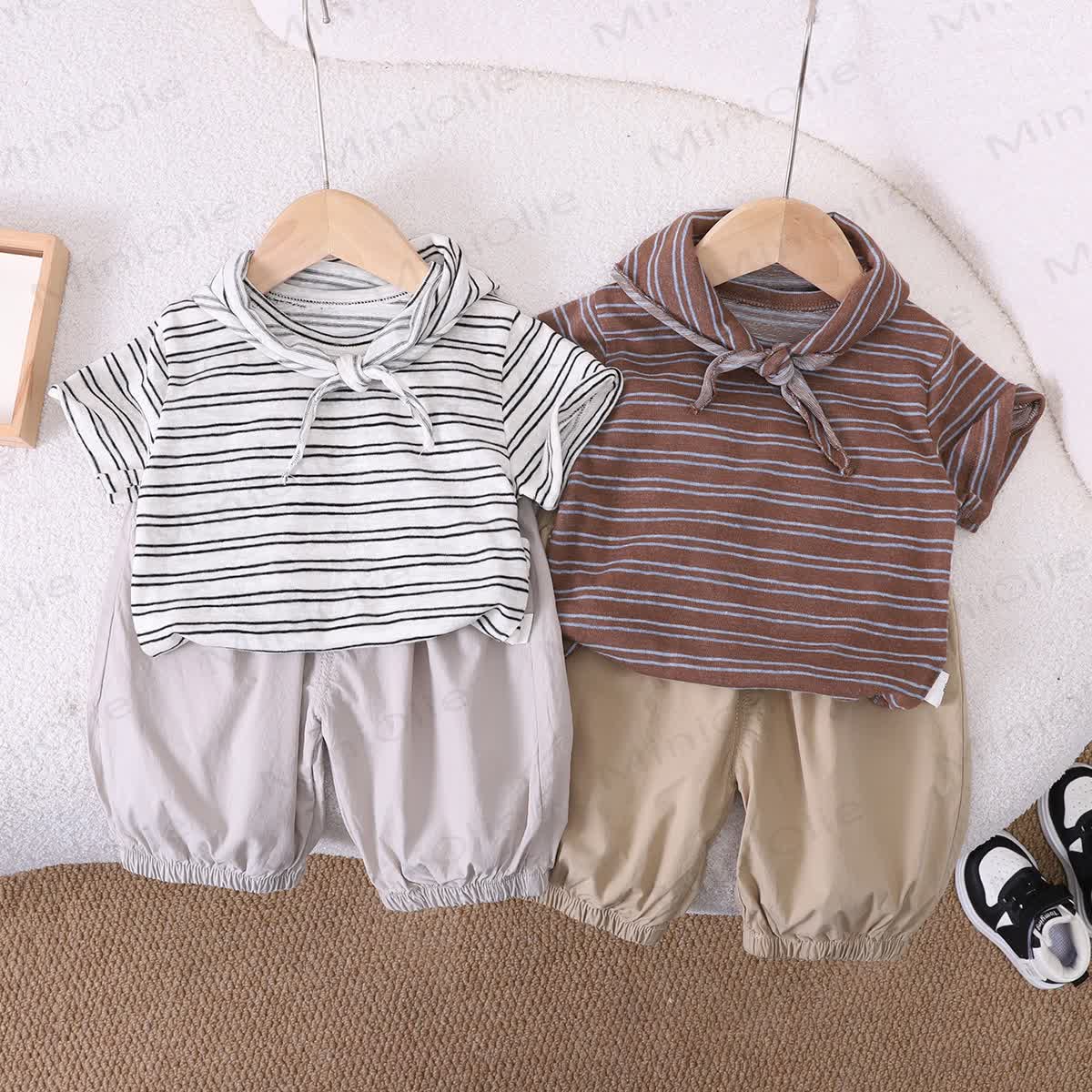 Baby Toddler Scarf Collar Striped T-Shirt and Solid Color Pants Set - image 1