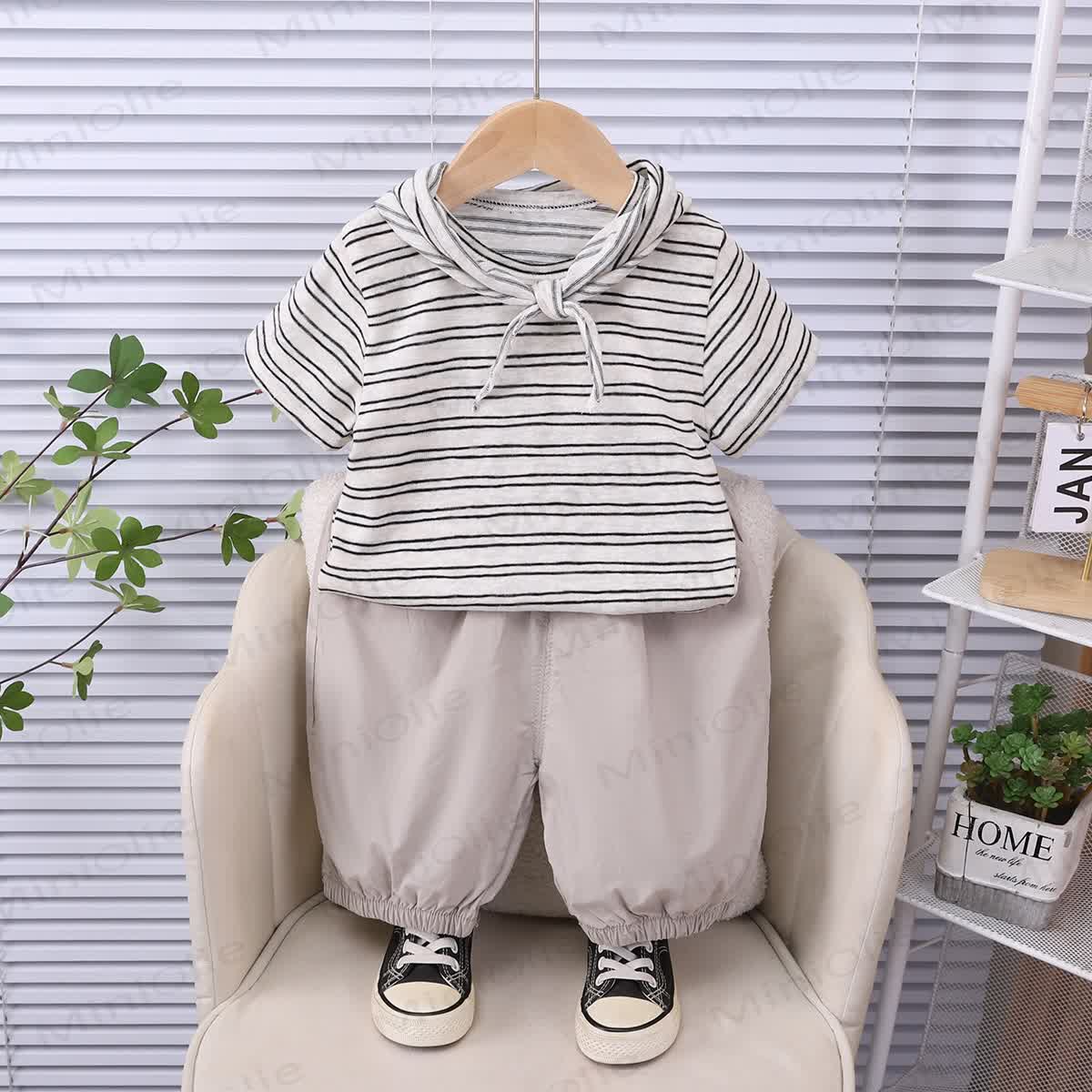 Baby Toddler Scarf Collar Striped T-Shirt and Solid Color Pants Set - White - 6-7T - image 2