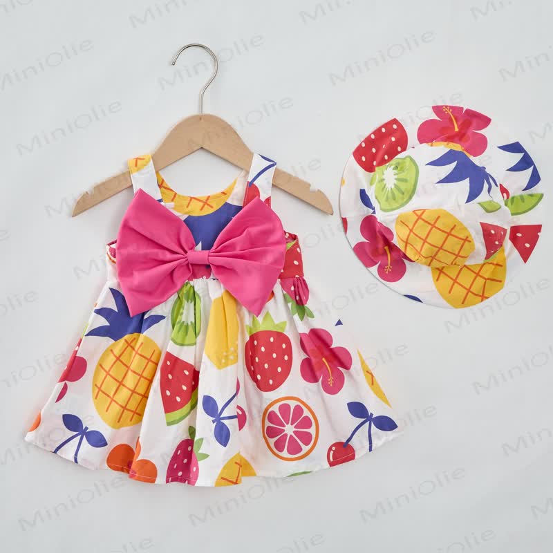 Baby Girl Colorful Fruits Bow Dress with Hat - White - 2-3T - image 1