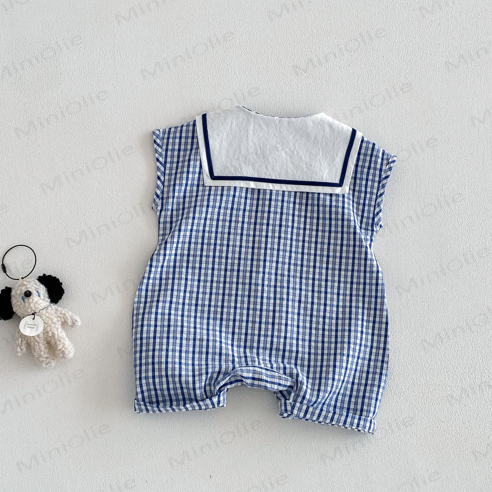 Baby Boy Bear Blue Plaid Summer Sleeveless Romper - image 2
