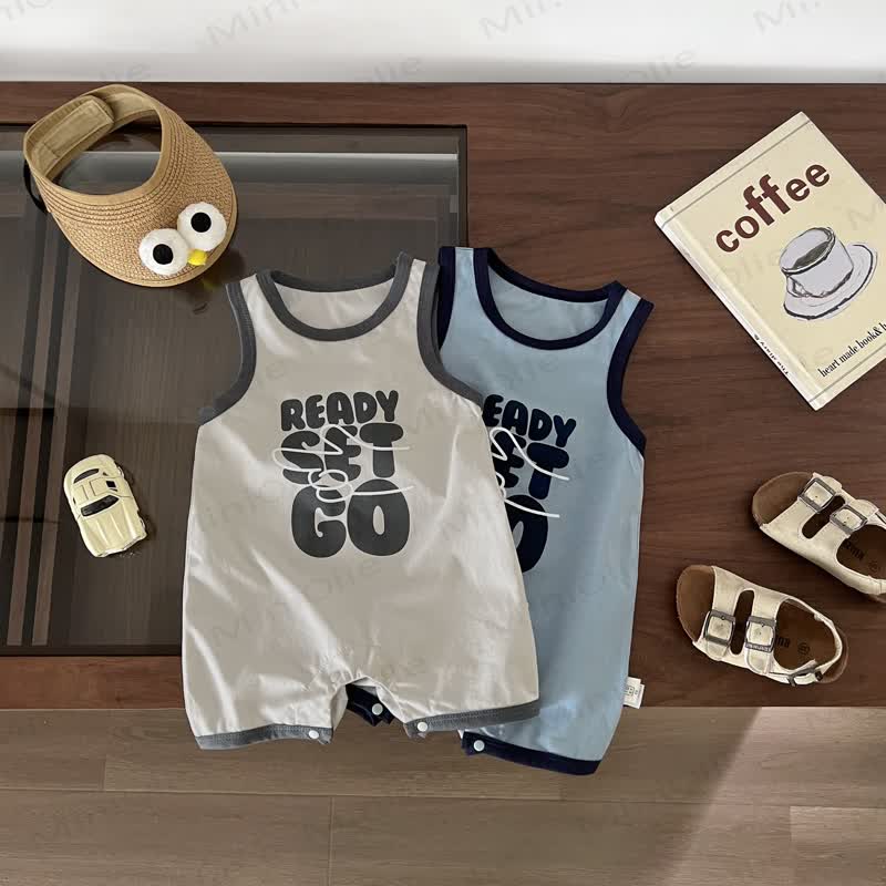 Baby Contrast Trim Slogan Sleeveless Romper - image 1