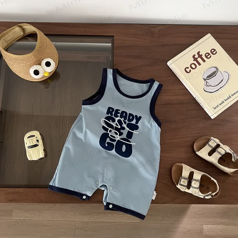 Baby Contrast Trim Slogan Sleeveless Romper - Blue - 18-24M - image 2