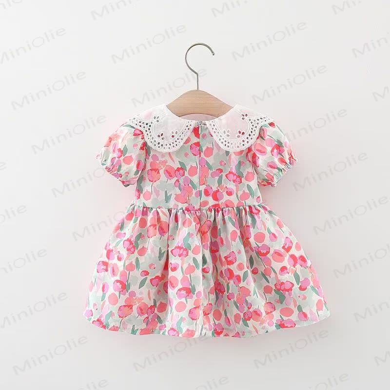 Baby Girls Tulip Print Lace Collar Short Sleeves Dress - image 2