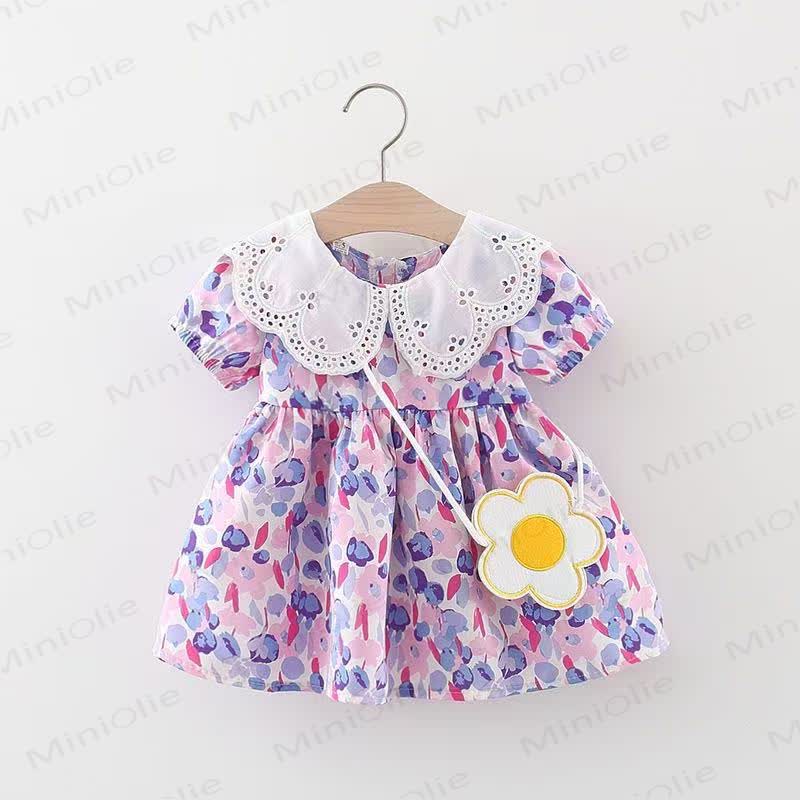 Baby Girls Tulip Print Lace Collar Short Sleeves Dress - Purple - 2-3T - image 3