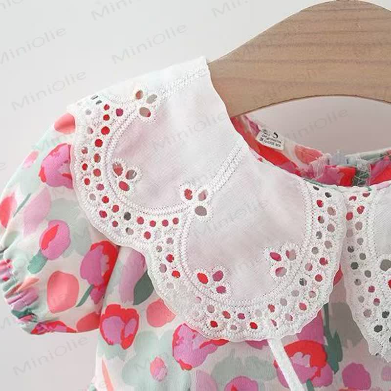 Baby Girls Tulip Print Lace Collar Short Sleeves Dress - image 5