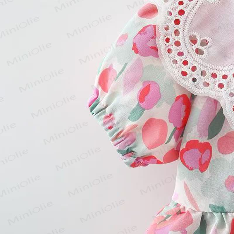 Baby Girls Tulip Print Lace Collar Short Sleeves Dress - image 7