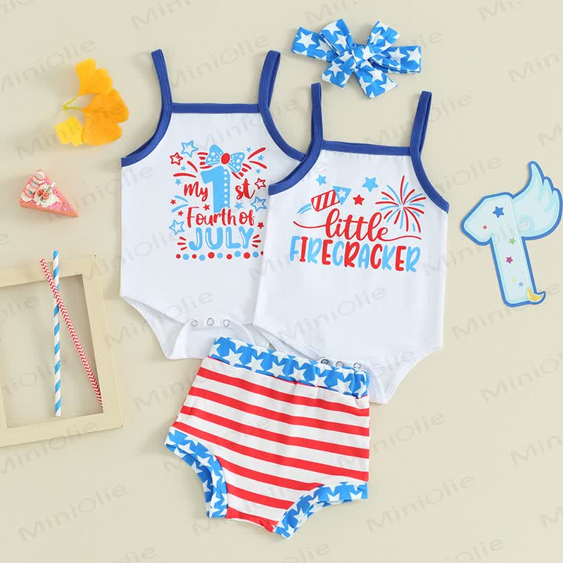 MY 1ST FOURTH OF JULY/LITTLE FIRECRACKER Baby Strap Bodysuit and Striped Shorts 2-piece Set with Headband - image 1