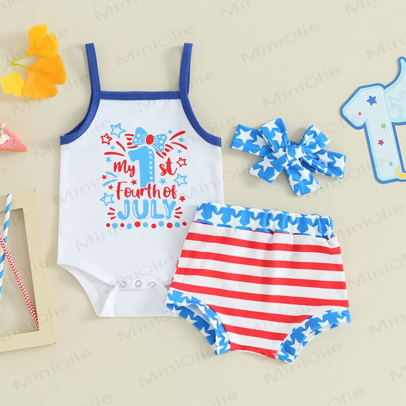 MY 1ST FOURTH OF JULY/LITTLE FIRECRACKER Baby Strap Bodysuit and Striped Shorts 2-piece Set with Headband - MY 1ST FOURTH OF JULY - 12-18M - image 2