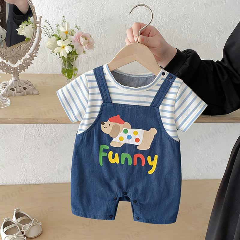 Baby Puppy Print Denim Striped Romper - Navy - 18-24M - image 1