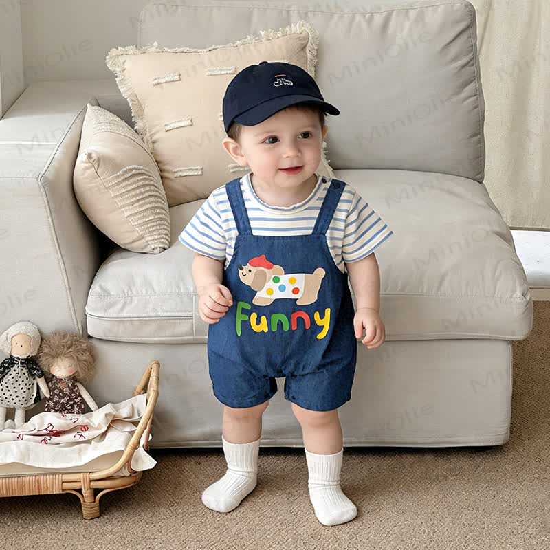 Baby Puppy Print Denim Striped Romper - image 2