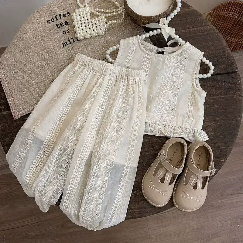 Toddler Girls Lace Bow Tank Top and Pants 2-Piece Set - Beige - 6-7T - image 2