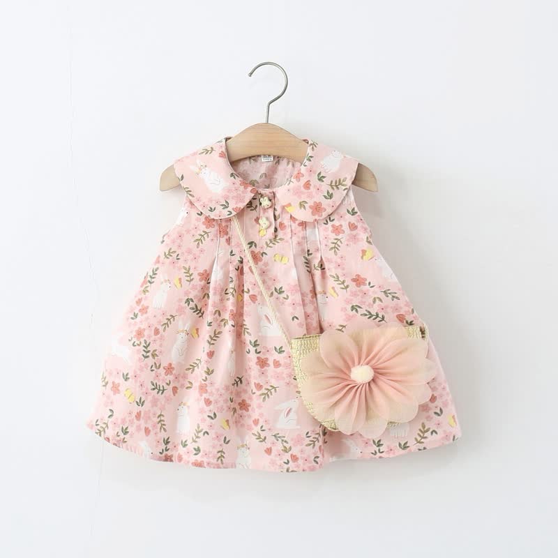 Baby Toddler Girl Pink Floral Bunny Peter Pan Collar Sleeveless Dress - Pink - 3-4T - image 1