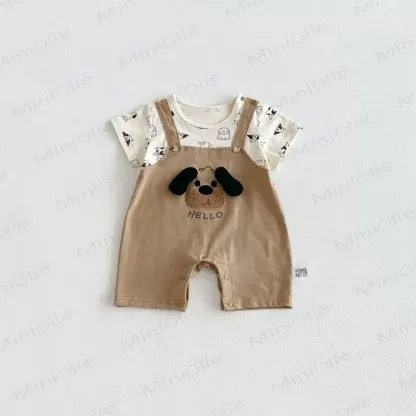 Baby Boys Puppy Print Suspender Romper - Brown - 18-24M - image 2