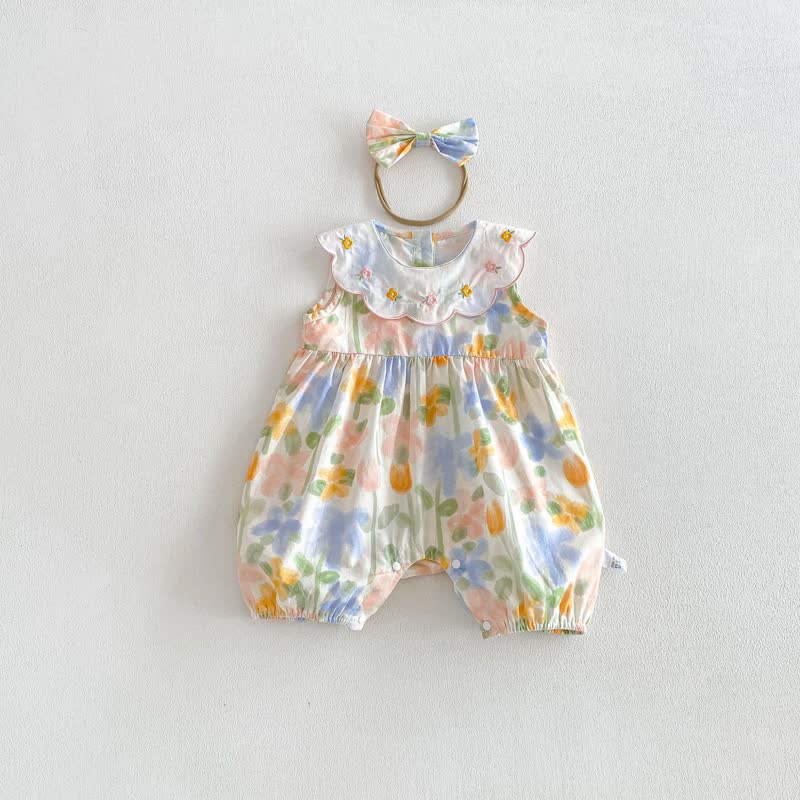 Bab Floral Collar Sleeveless Romper with Headband - White - 18-24M - image 3