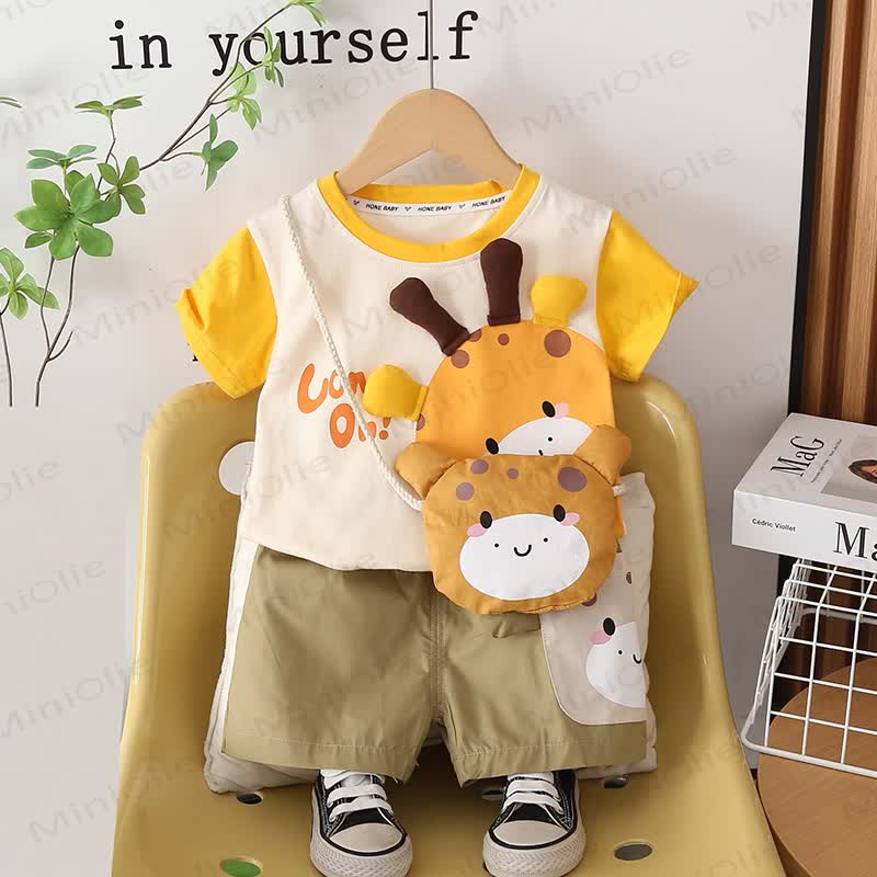 Toddler Boys Animal Collection Tee and Shorts Set with Plush Bear Bag - Yellow - 4-5T - image 2