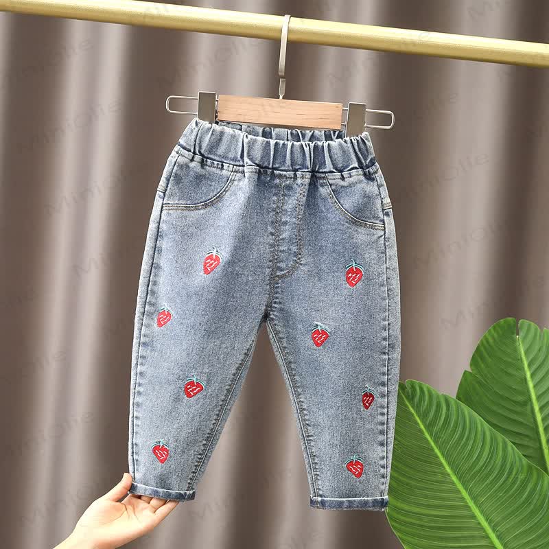 Baby Girls Embroidered Denim Jogger Pants - Blue Strawberry - 4-5T - image 2