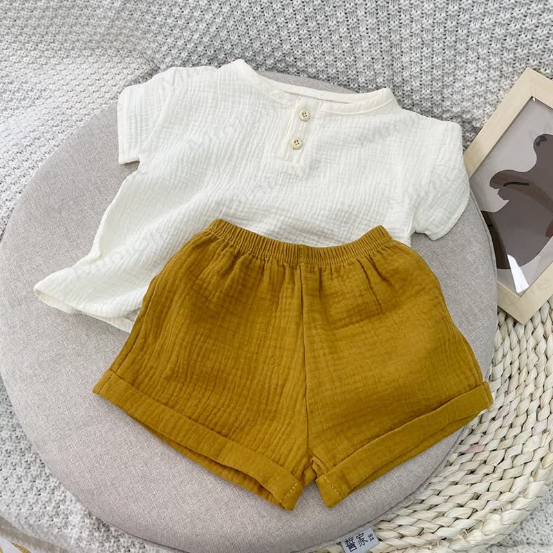 Baby Toddler Boys Solid Color Cotton Gauze Button Top and Shorts 2-Piece Set - White - 4-5T - image 1