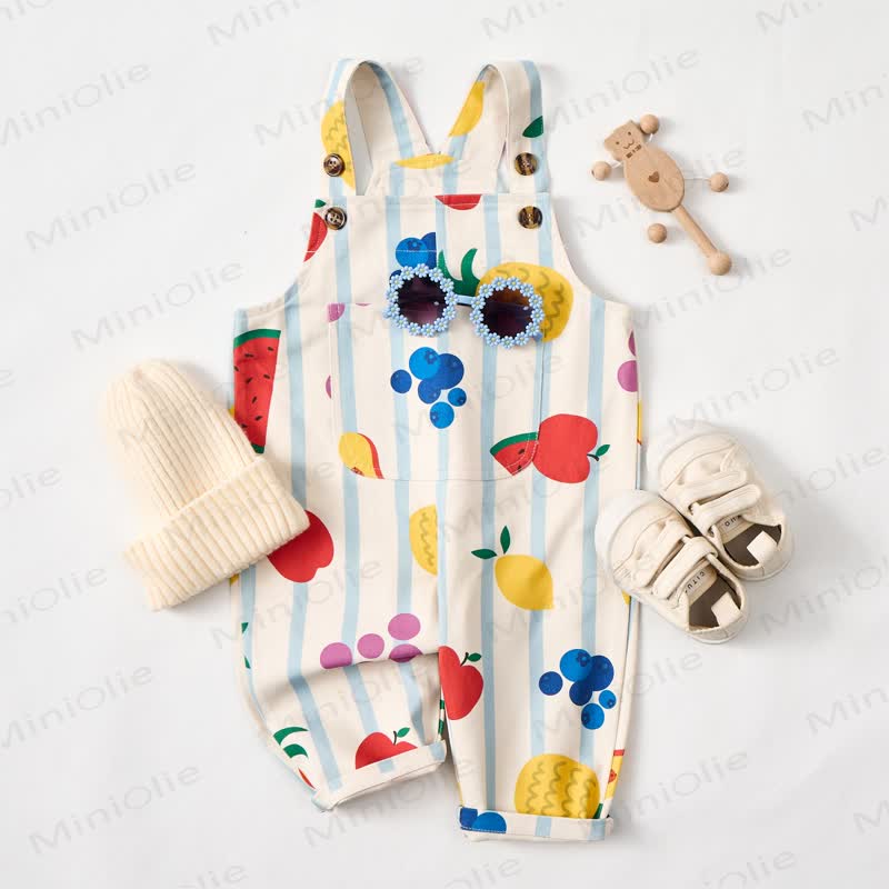 Baby Toddler Fruit Stripes Beige Pocket Overalls - Beige - 3-5T - image 1