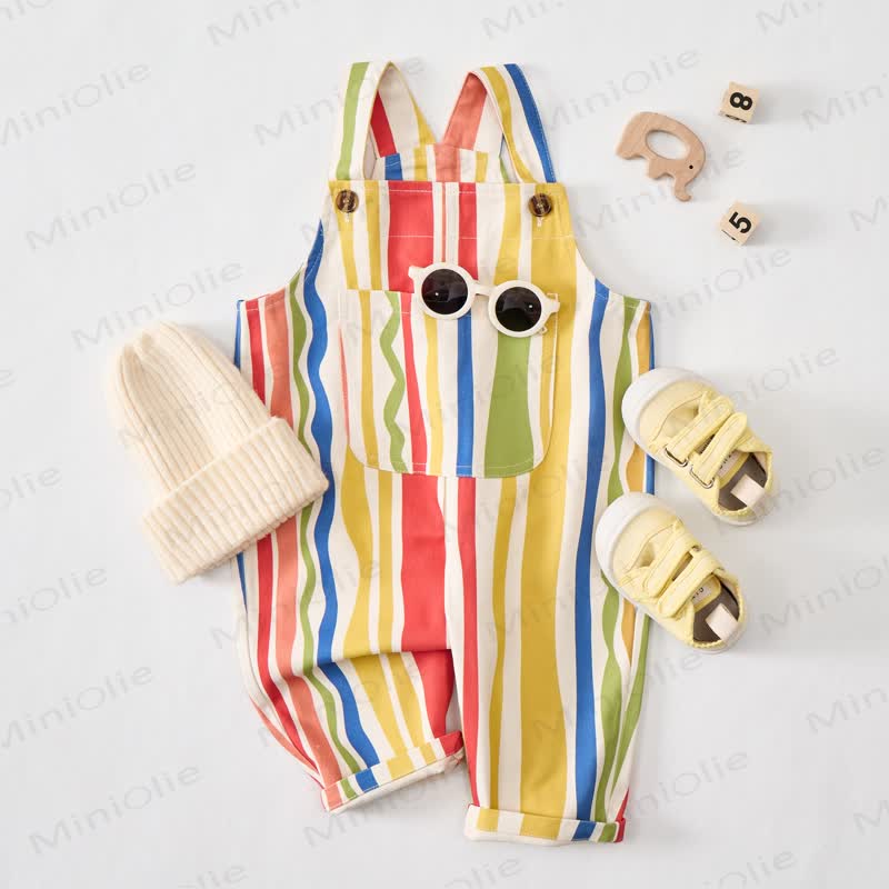 Baby Toddler Colorful Stripes Beige Pocket Overalls - Beige - 3-5T - image 1