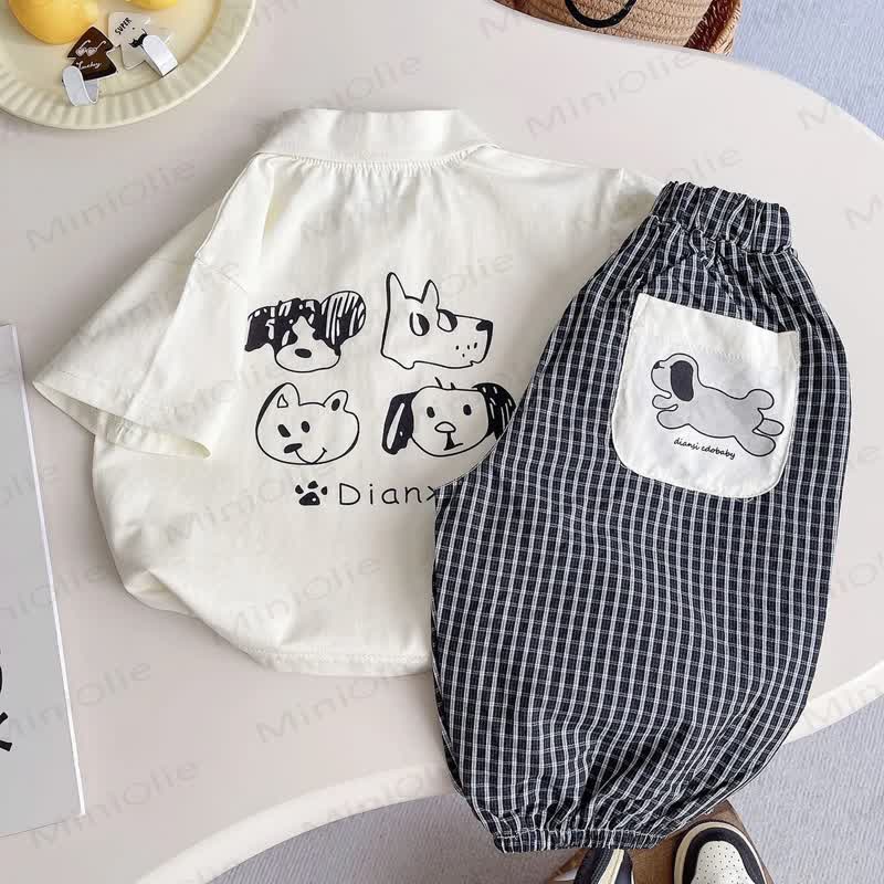 Toddler Boys Cartoon Dog Print Shirt and Gingham Pants 2 Piece Set - White - 4-5T - image 1