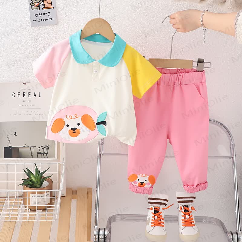 Toddler Puppy Print Polo Shirt and Pants 2 Piece Set - Pink - 4-5T - image 2