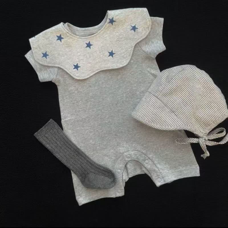 Baby Solid Color Romper and Bib and Socks 3-piece Set - Grey Romper and Star Bib and Socks Set - 18-24M - image 1