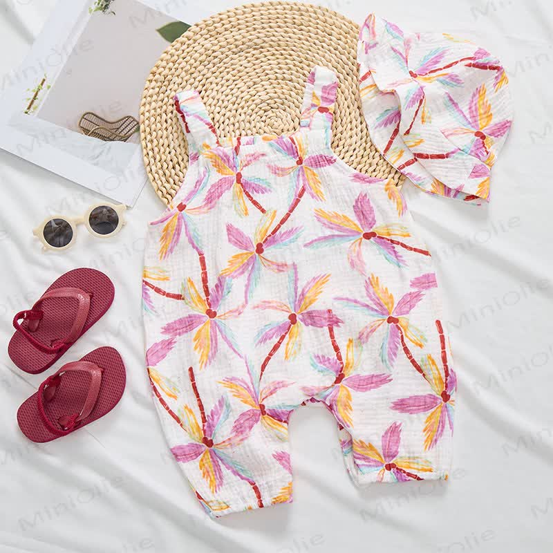 Baby Palm Tree Print White Jumpsuit with Hat - image 2