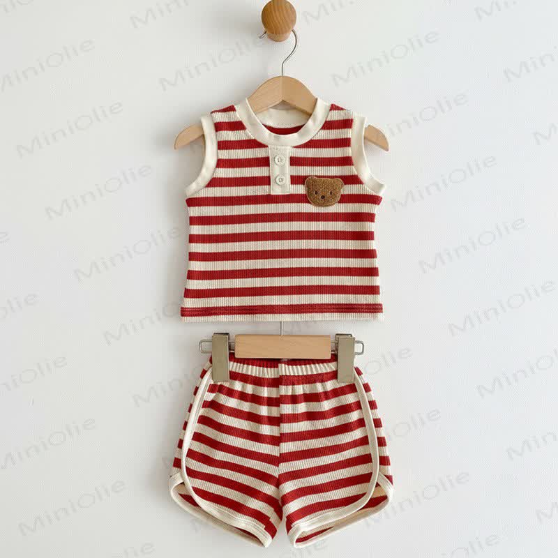 Baby Striped Bear Patch Tank Top and Shorts 2-piece Set - Red - 2-3T - image 2